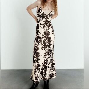 Zara Cow Print Satin Effect Slip Midi Dress